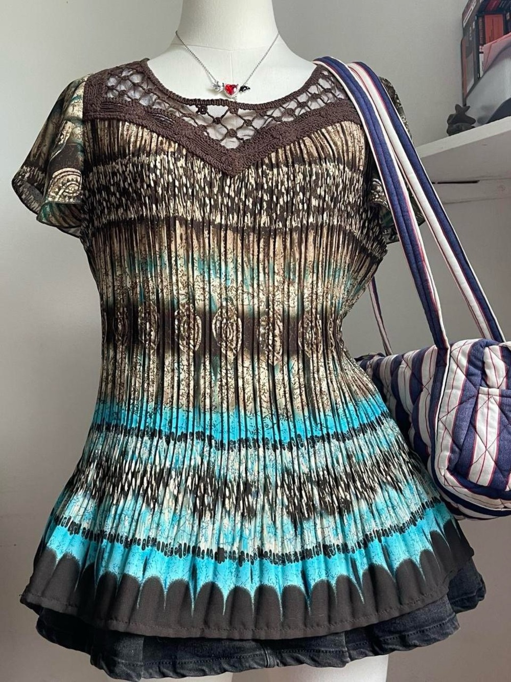 Vintage Brown bluses Tunic with Teal and Cream Pattern & Crochet Yoke